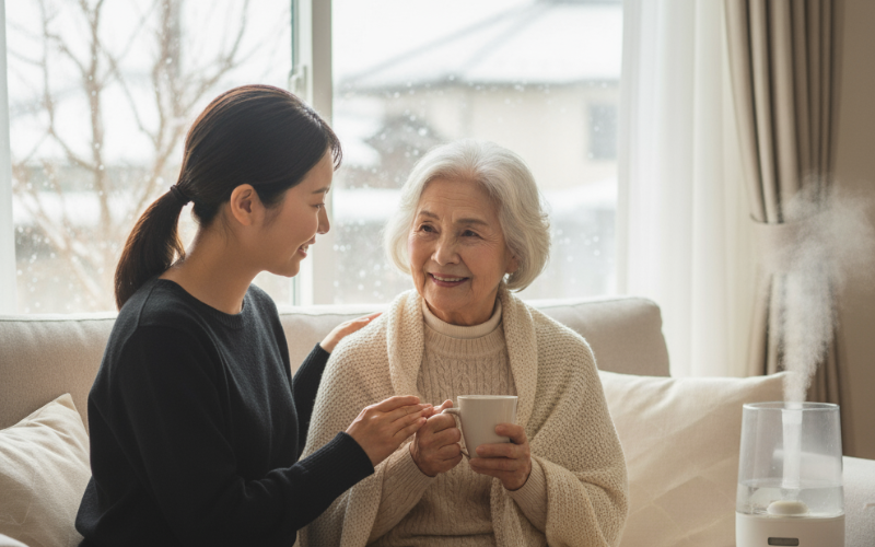高齢者の自宅で介護者が加湿対策し寄り添う
